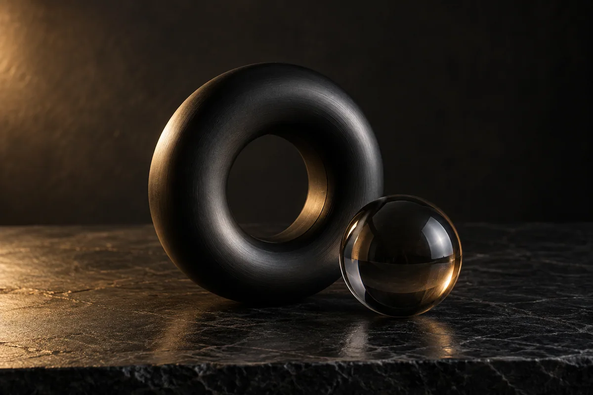 Editorial illustration of a matte black torus and smoked-glass sphere