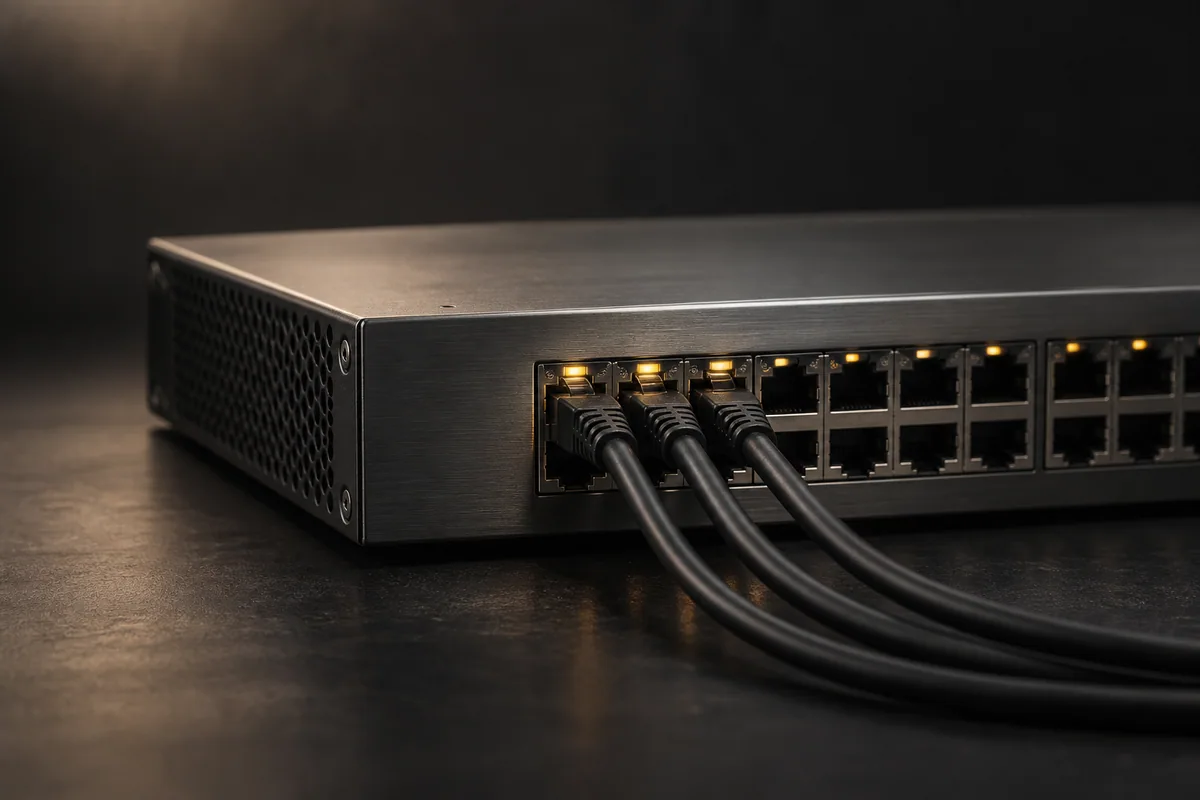 Editorial illustration of a graphite network switch with neatly routed Ethernet cables