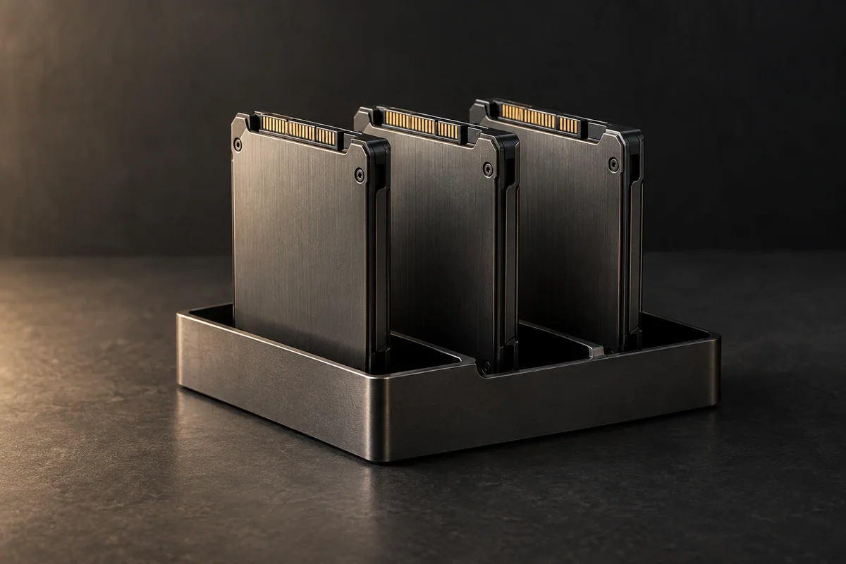 Editorial illustration of three enterprise storage cartridges in a metal tray