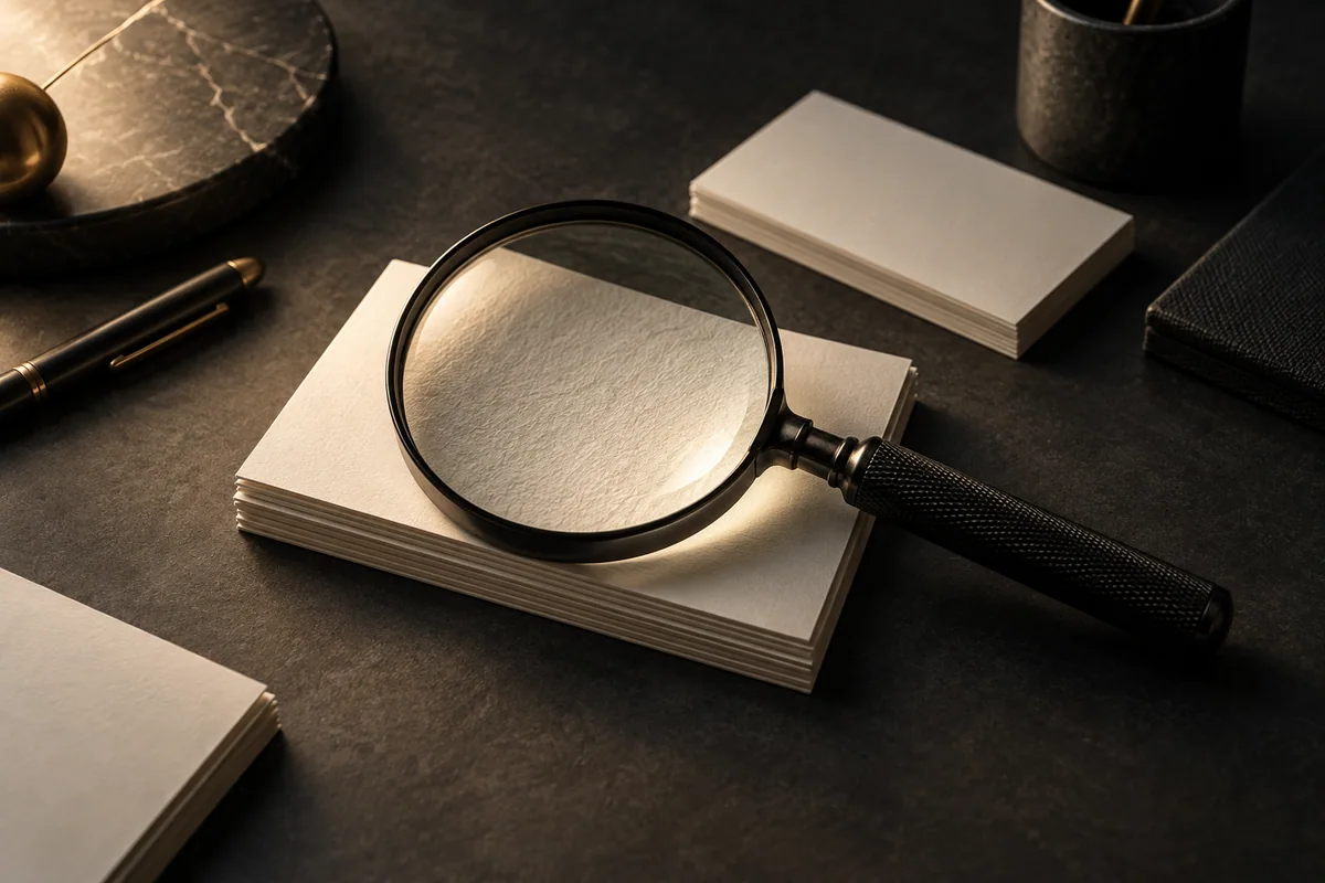Editorial illustration of a magnifying glass over neatly arranged index cards